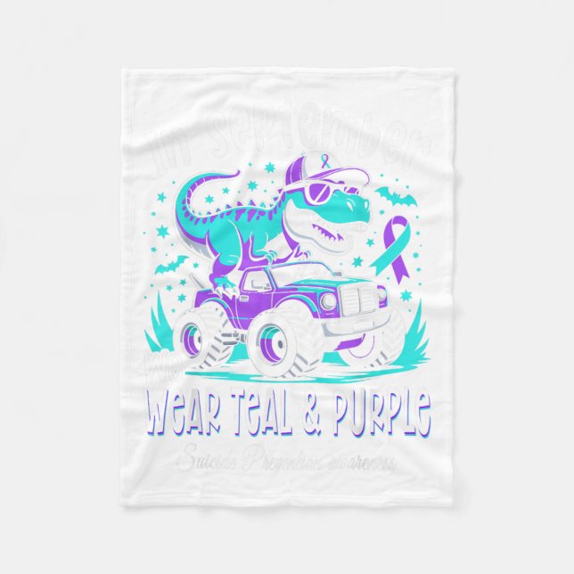 In September We Wear Teal And Purple T Rex Dinosau Fleece Blanket (Front)
