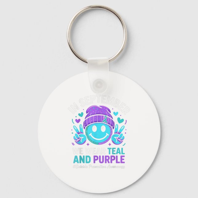 In September We Wear Teal Purple Ribbon Suicide Pr Key Ring (Front)