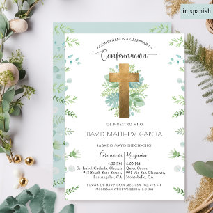 In Spanish, Boy or Girl Greenery Blue Confirmation Invitation