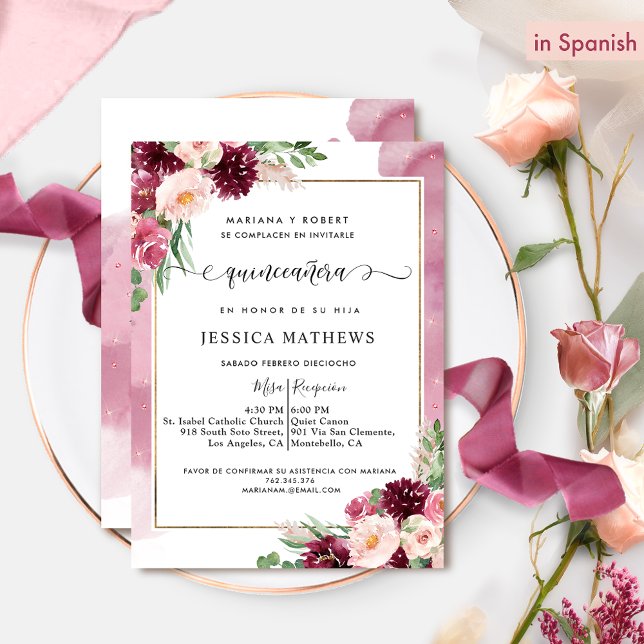 In Spanish, Burgundy and Pink Floral Quinceañera Invitation (Creator Uploaded)