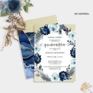 In Spanish, Chic Blue and Gold Floral Quinceañera