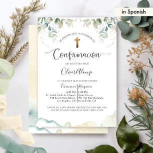 In Spanish, Elegant Confirmation with Greenery Invitation