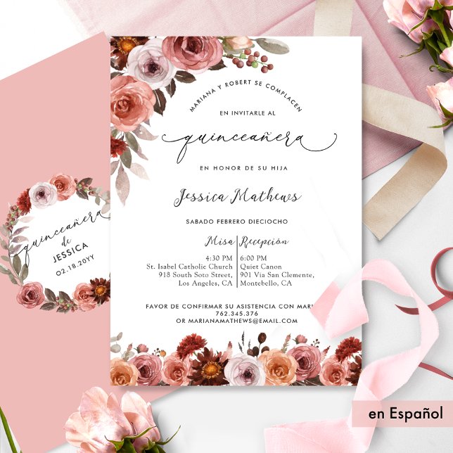 In Spanish, Elegant Pink Floral Quinceañera Invitation (Creator Uploaded)