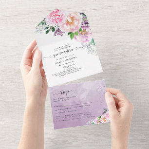 in Spanish, Elegant Purple Floral Quinceañera All  One Invitation