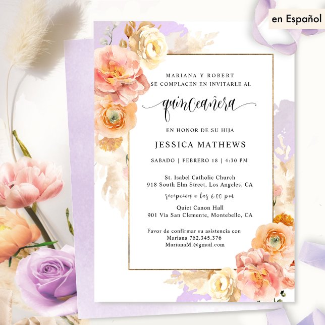 In Spanish, Elegant Purple Floral Quinceañera Invitation (Creator Uploaded)