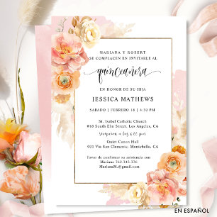 In Spanish, Unique Elegant Pink Floral Quinceañera Invitation