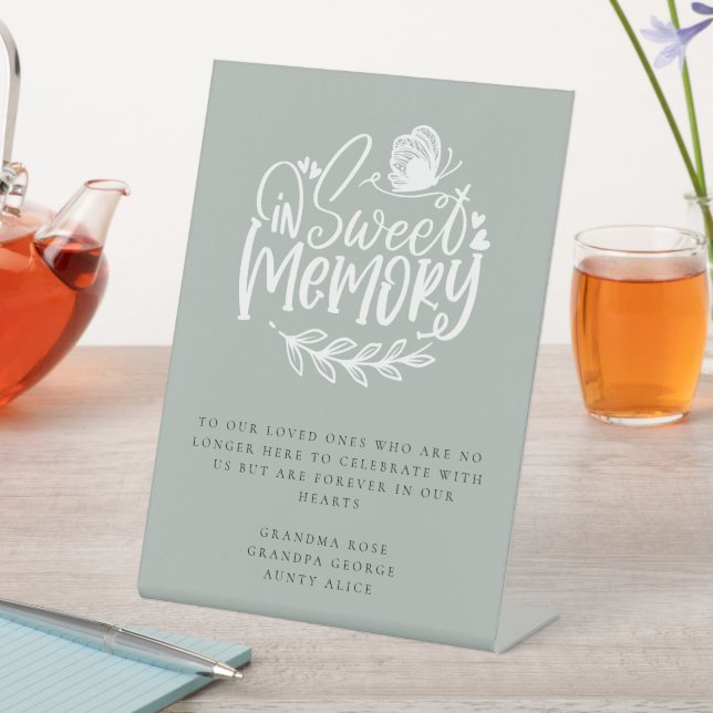 In Sweet Memory Script Memorial Wedding Sage Green Pedestal Sign (In SItu)