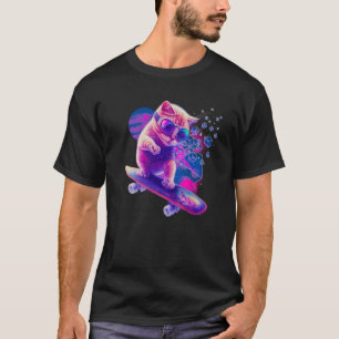 In the colourful space a cute cat rides a skateboa T-Shirt