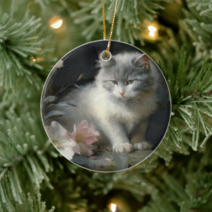 In The Company Of Flowers Gray and White Kitten Ceramic Ornament