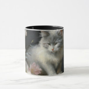 In The Company Of Flowers Gray and White Kitten Mug