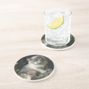 In The Company Of Flowers Grey and White Kitten Coaster