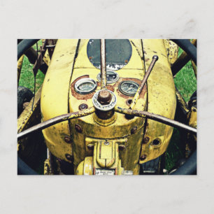 In the Driver's Seat of an Antique Yellow Tractor Postcard