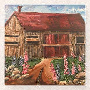In the Field Rustic cottage scene flowers Glass Coaster