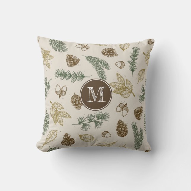 In the forest woodland pattern pinecones monogram cushion (Front)