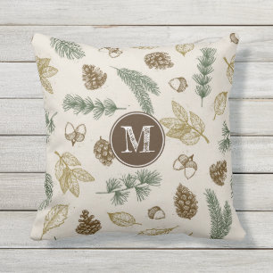In the forest woodland pattern pinecones monogram cushion