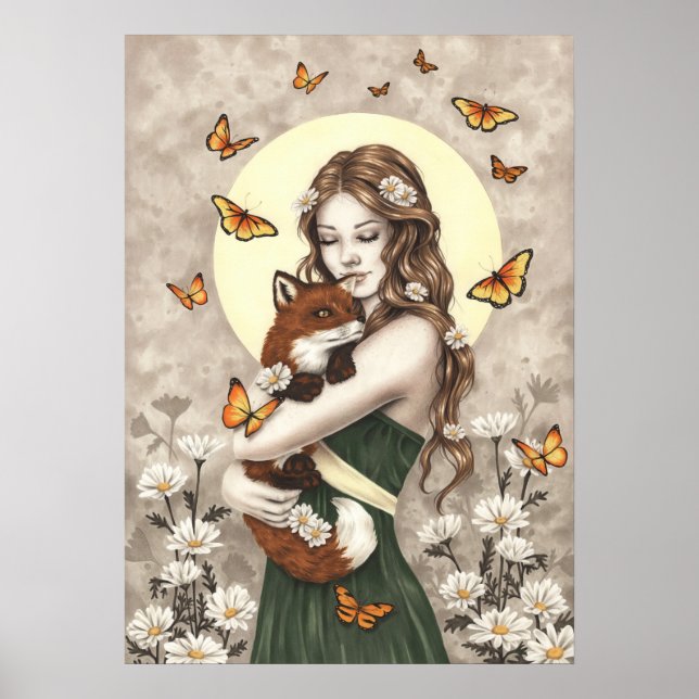 In the garden girl with fox and butterflies poster (Front)