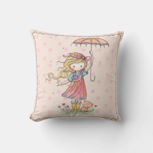 In the Rain Cute Girl and Kitty Pillow (Front)