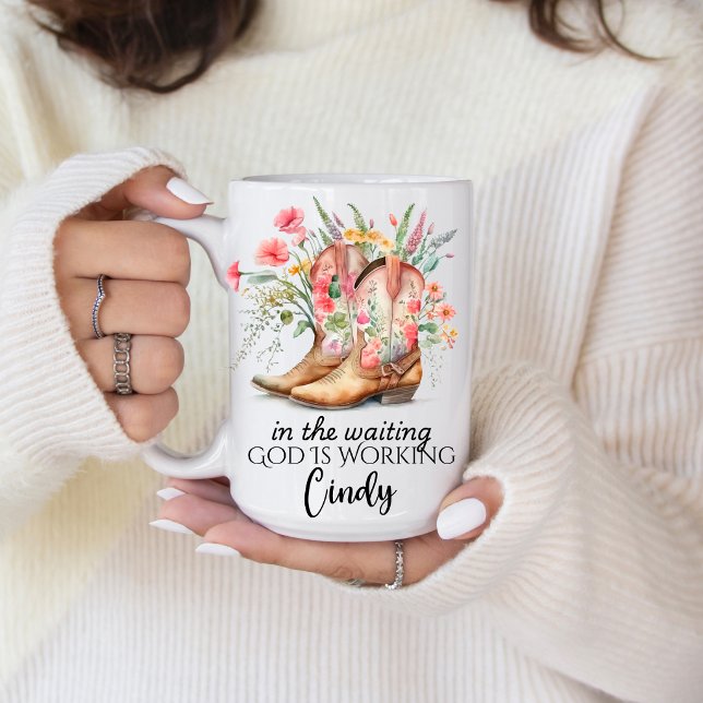 In the Waiting God is Working | Personalized Name  Coffee Mug (Encourage the one you love with this beautiful God is Working quote. )
