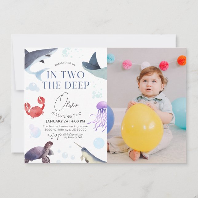 In two the deep, underwater 2nd birthday  invitation (Front)