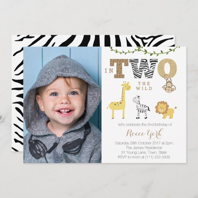 in TWO the wild 2nd birthday Safari Party for boy Invitation (Front/Back)