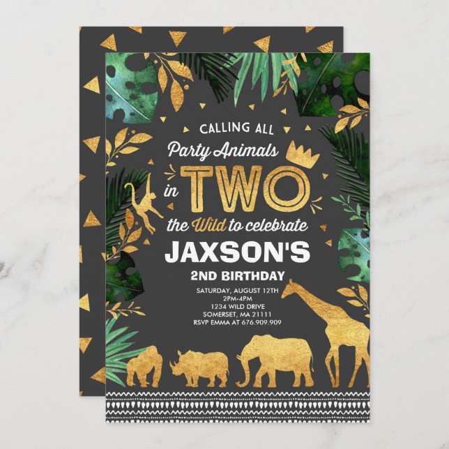 In Two The Wild Birthday Invitation Jungle Animals (Front/Back)