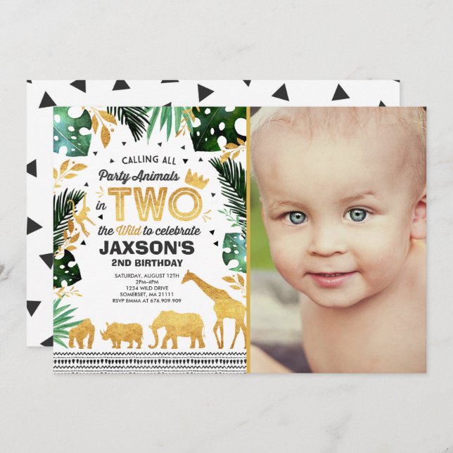 In Two The Wild Birthday Invitation Jungle Animals (Front/Back)