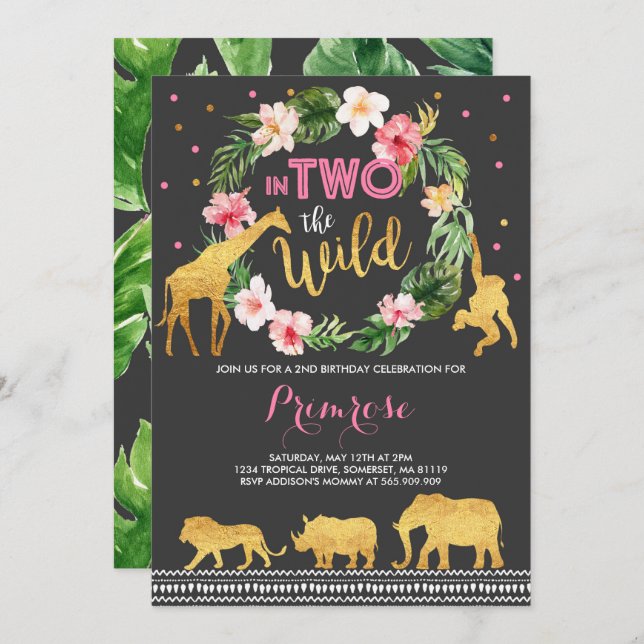 In Two The Wild Birthday Invitation Jungle Animals (Front/Back)