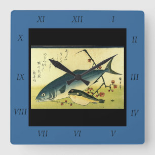 Inada & Fugu - Hiroshige's Japanese Fish Print Squ Square Wall Clock