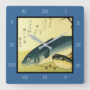 Inada & Fugu - Hiroshige's Japanese Fish Print Squ Square Wall Clock