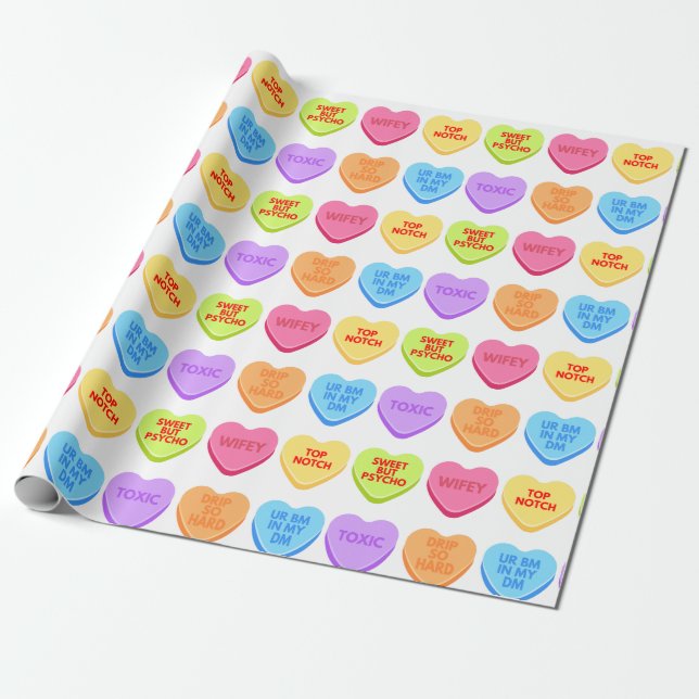 Inappropriate Conversation Candy Hearts Wrapping Paper (Unrolled)