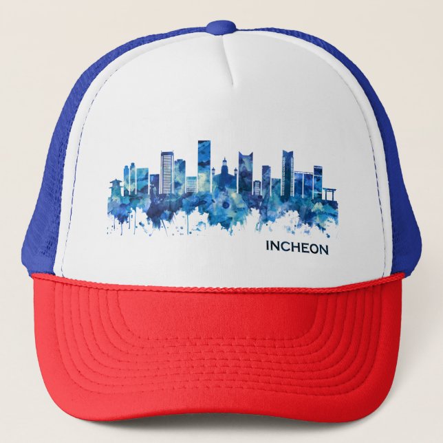 Incheon South Korea Skyline Blue Trucker Hat (Front)