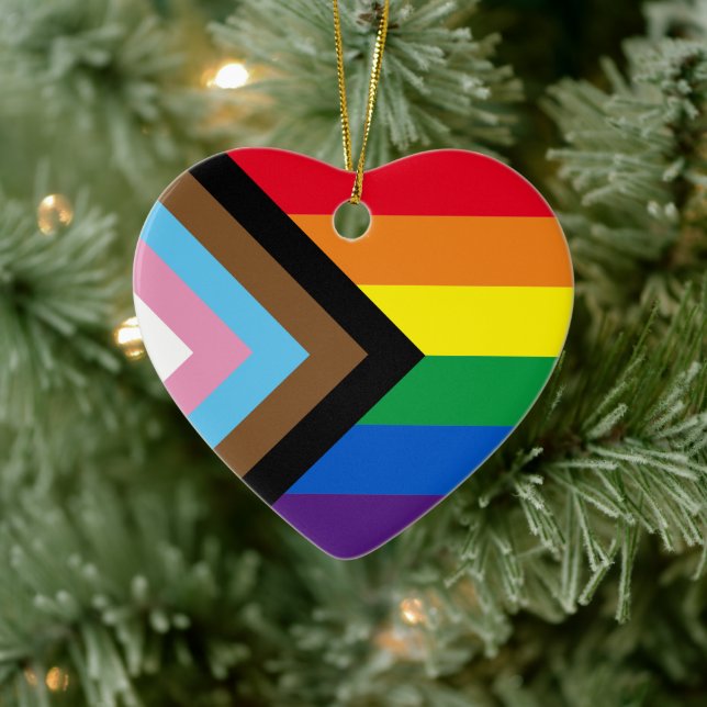 Inclusive rainbow Lgbtq gay diversity flag heart Ceramic Ornament (Tree)