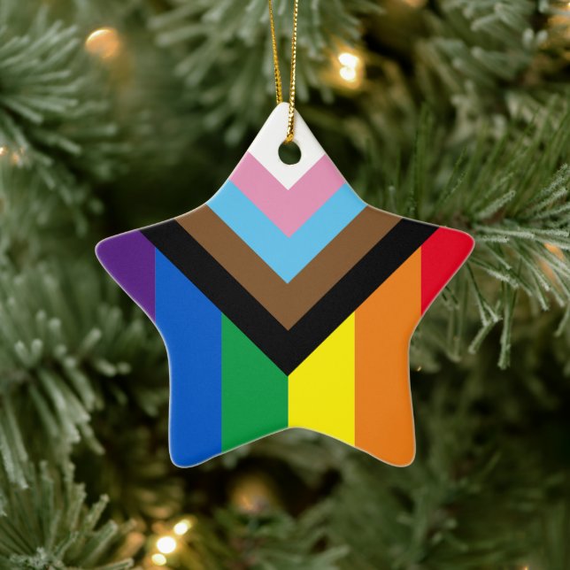 Inclusive rainbow Lgbtq gay diversity flag star Ceramic Ornament (Tree)