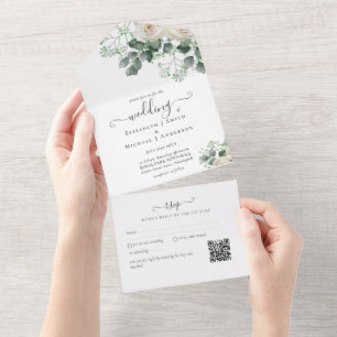 Inclusive White Roses Sage Leaves Wedding RSVP  All In One Invitation