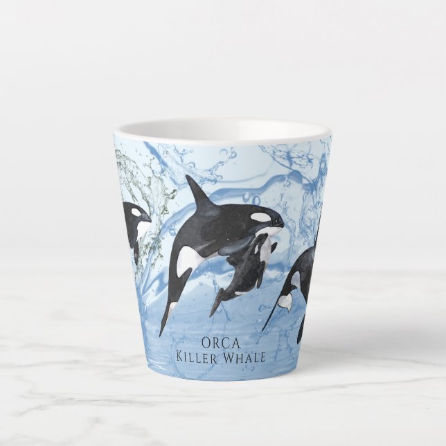 Incredible Black and White Watercolor Orcas Latte Mug (Front)