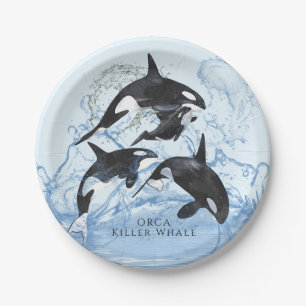 Incredible Black and White Watercolor Orcas Paper Plate