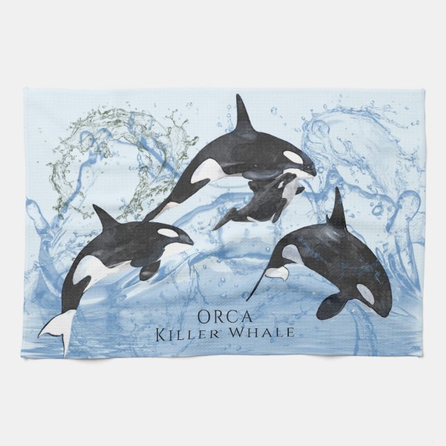 Incredible Black and White Watercolor Orcas Tea Towel (Horizontal)
