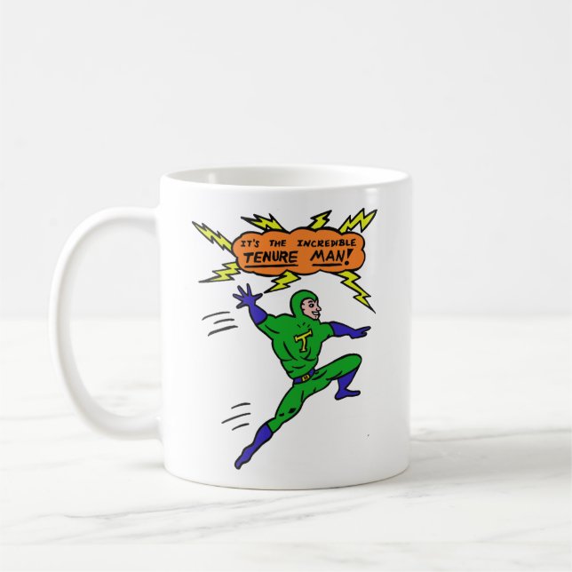Incredible Tenure Man Superhero Cartoon Comics Fun Coffee Mug (Left)
