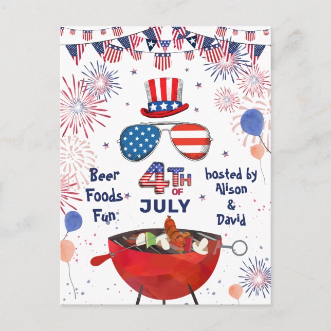 Independence Day American Flag Fireworks BBQ Party Invitation Postcard (Front)
