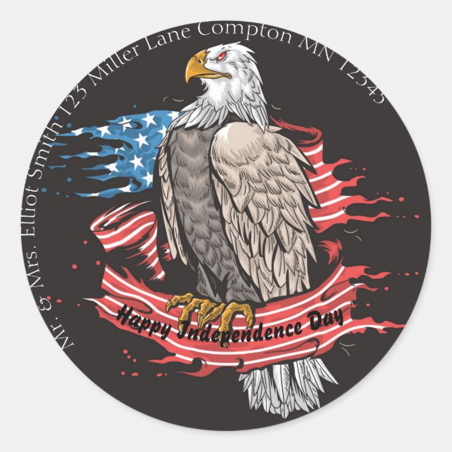 Independence Day Bald Eagle and American Flag  Classic Round Sticker (Front)