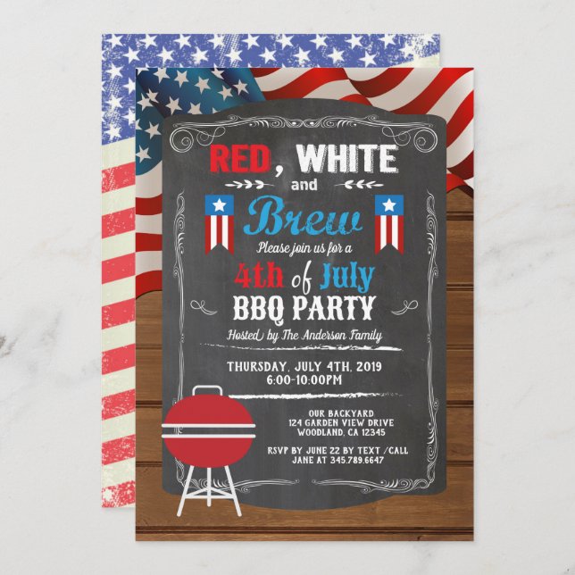 Independence Day BBQ party invite. 4th of July Invitation (Front/Back)