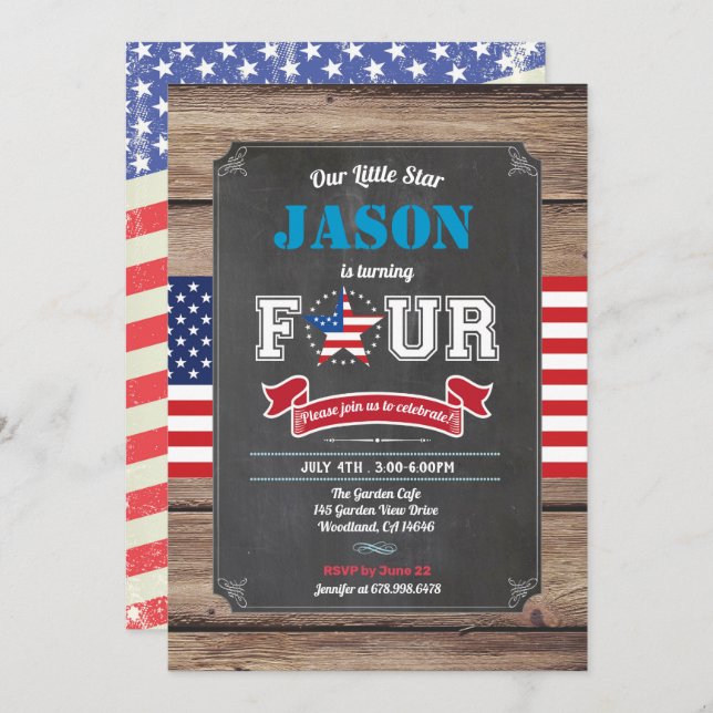 Independence Day boy 4th birthday turning FOUR kid Invitation (Front/Back)