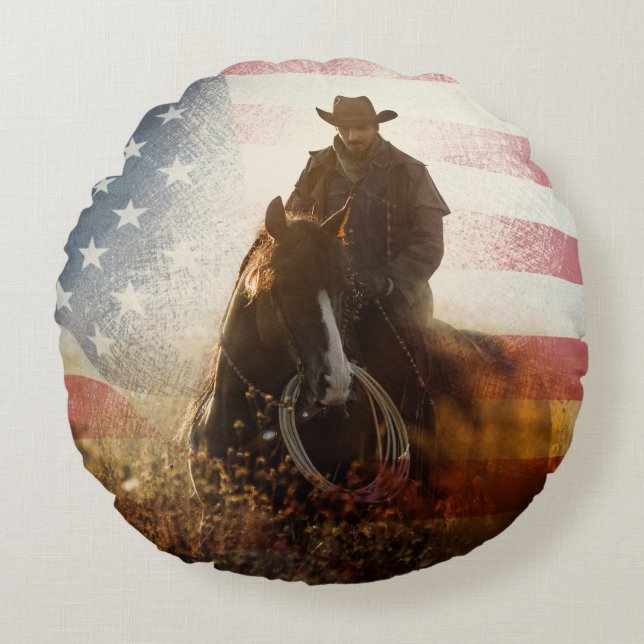 Independence Day cowboy image. Round Cushion (Front)