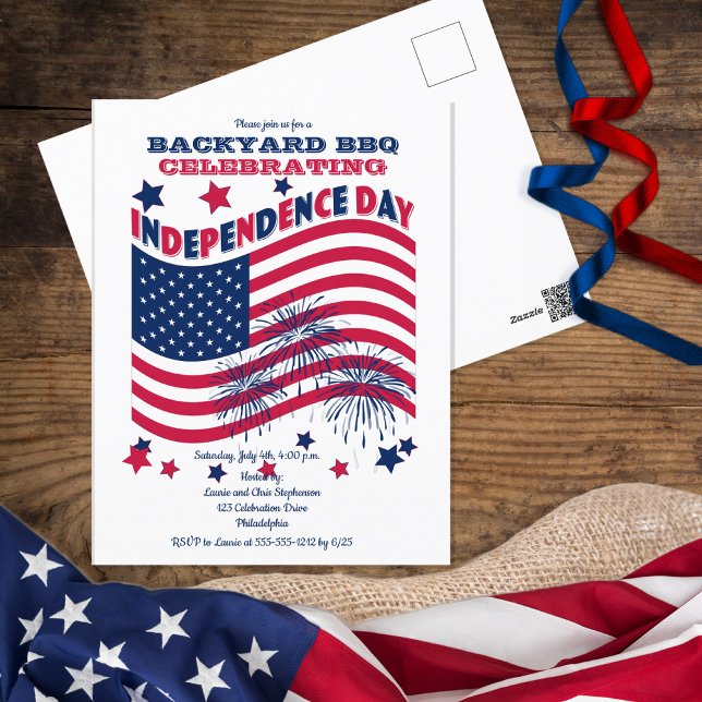 Independence Day July 4th Party - Waving Flag Invi Postcard (Creator Uploaded)