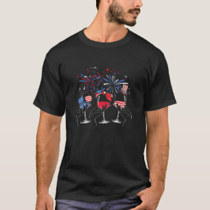 Independence Day Usa Wine Glass Flag Fireworks T-Shirt