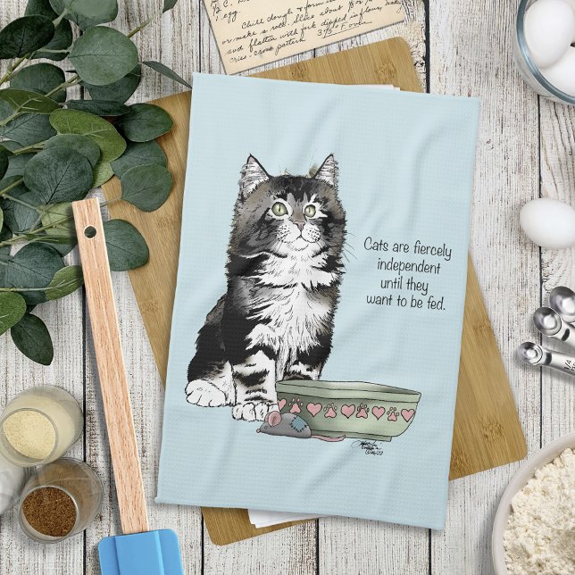 Independent Grey Tabby Blue Cute Funny Cat Tea Towel (Creator Uploaded)