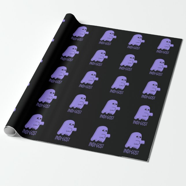 Indi-gost Funny Halloween Indigo Ghost Pun Dark BG Wrapping Paper (Unrolled)