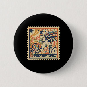India Cricket Vintage Stamp Rupee With Paisley Art 6 Cm Round Badge