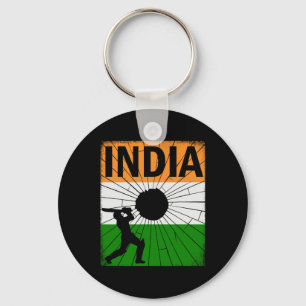 India Cricket With Indian Flag Brush Stroke Ashoka Key Ring
