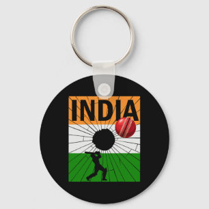India Cricket With Indian Flag Brush Stroke Ashoka Key Ring